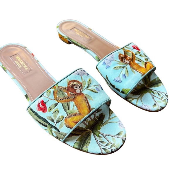 Aquazzura x‎ de Gournay Embroidered Slides Size 9 US 9 Turquoise Monkey Print